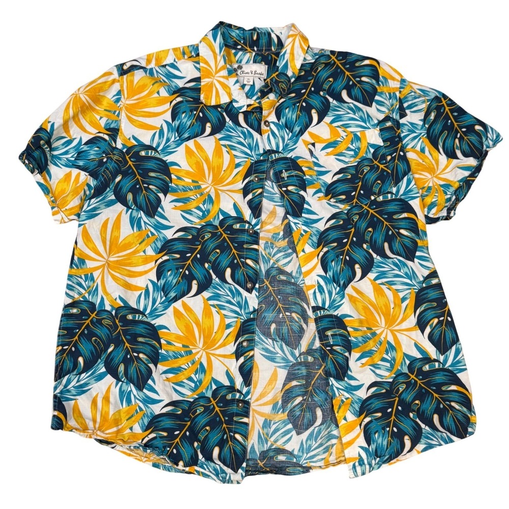 Oliver & Burke Mens XL Hawaiian Leaf Button Down Shirt Blue Yellow White